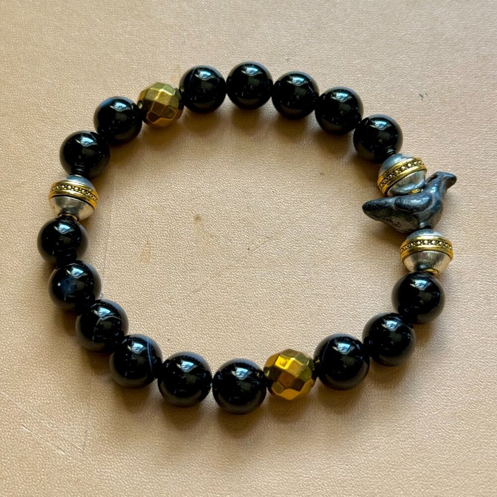 Handmade One of a Kind Onyx  & Golden Hematite Stretch Bracelet size 7.5